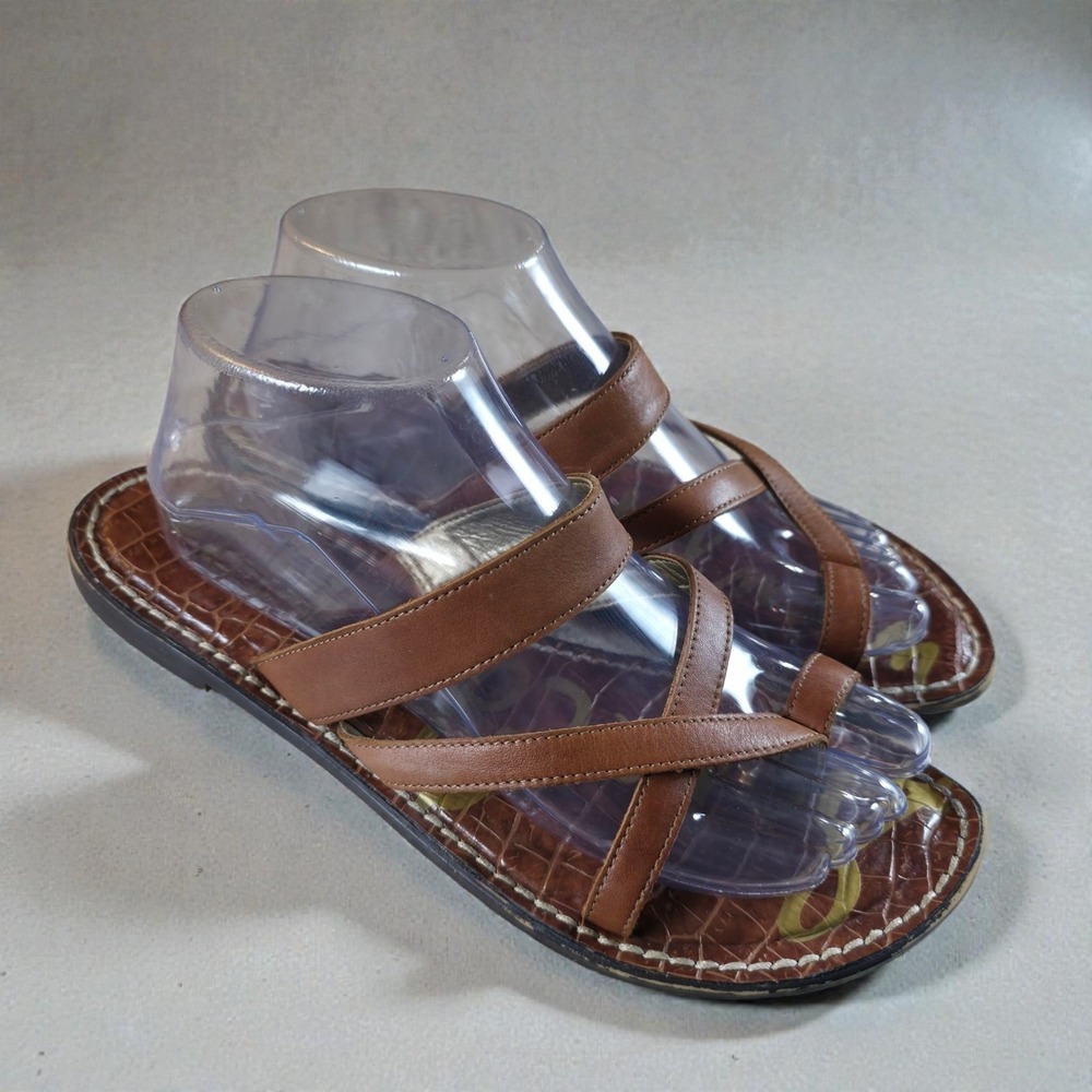 Sam Edelman Krys Leather Strappy Flat Sandals Brown Minimalist Toe Loop Size 9.5